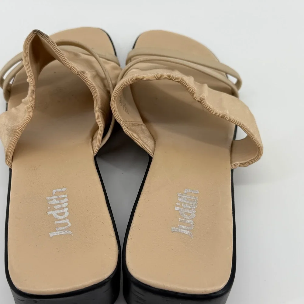 Vintage Y2K Tan Ribbed Fabric Wedge Slide On Stretch Strap Sandals Women Size 9M